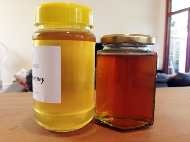 Two jars of Lewisham honey, harvested a few months apart