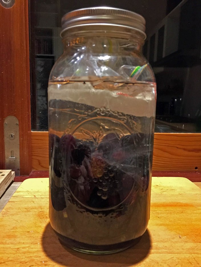 Olives 'de-bitering' in a jar of water for 20 days